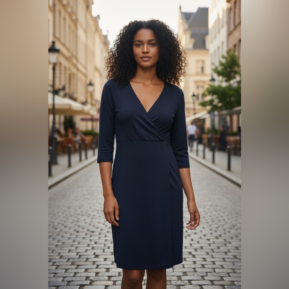 J. Jill Black 3/4 Sleeve Faux Wrap Dress, Size Small.